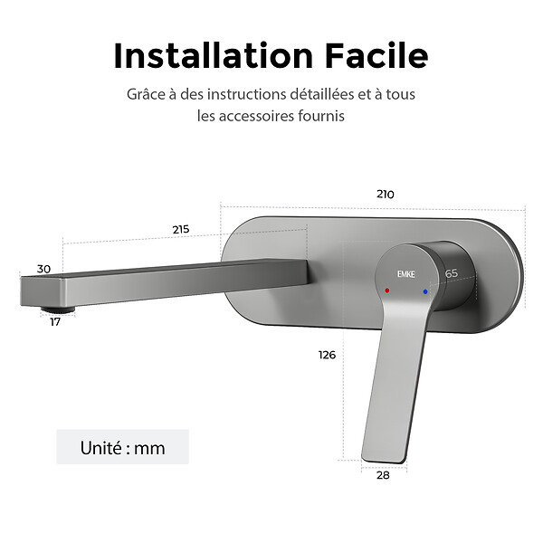 EMKE - EMKE Mitigeur Lavabo Design Séparé, Robinet Mural Anthracite 288×210×70 mm, Corps en Laiton et Inox 304, Cartouche Céramique Haute Durabilité - large