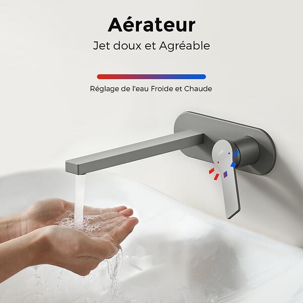 EMKE - EMKE Mitigeur Lavabo Design Séparé, Robinet Mural Anthracite 288×210×70 mm, Corps en Laiton et Inox 304, Cartouche Céramique Haute Durabilité - large