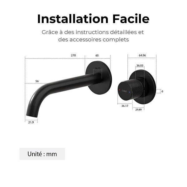 EMKE - EMKE Mitigeur Lavabo Mural Design Séparé 281×140×65 mm, Robinet Noir Mat en Laiton & Inox 304, Cartouche Céramique Longue Durée - large