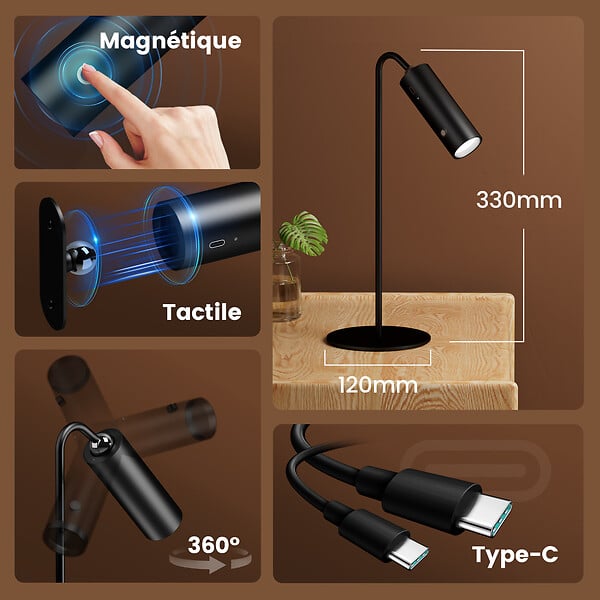 EMKE - EMKE Lampe de table LED magnétique sans fil 5 en 1, Dimmable, Rechargeable, Commande Tactile, 3 modes de couleur, USB-C, Blanc - large