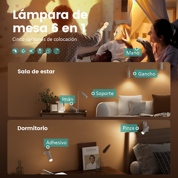 EMKE - EMKE Lampe de table LED magnétique sans fil 5 en 1, Dimmable, Rechargeable, Commande Tactile, 3 modes de couleur, USB-C, Noir - large