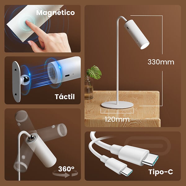 EMKE - EMKE Lampe de table LED magnétique sans fil 5 en 1, Dimmable, Rechargeable, Commande Tactile, 3 modes de couleur, USB-C, Noir - large