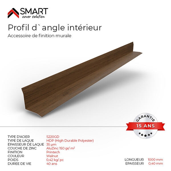 BRAVO THE SMART SOLUTION - Profil d`angle intérieur Tôle bac acier - Toiture - Couverture - plaque H12 Coloris Walnut Printech L=2m - large