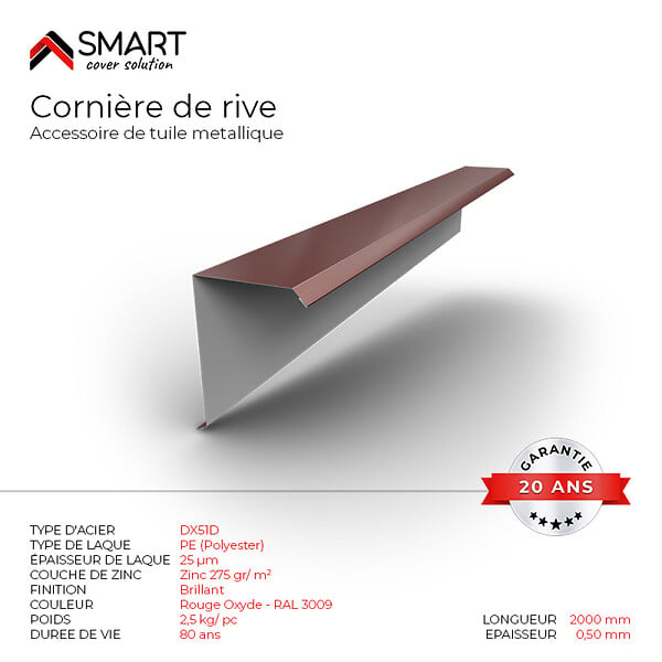 BRAVO THE SMART SOLUTION - Cornière de rive - bac acier - tôle de couverture - Toiture - TR25  Coloris Rouge Oxyde RAL 3009 L=2m, épaisseur 0.50mm - large