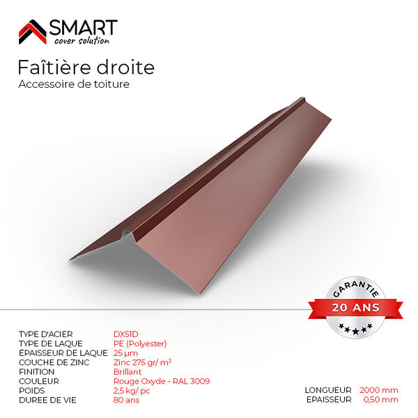 BRAVO THE SMART SOLUTION - Faîtière droite - bac acier - tôle de couverture - Toiture -  TR25 Coloris Rouge Oxyde RAL 3009 L=2m, épaisseur 0.50mm - large