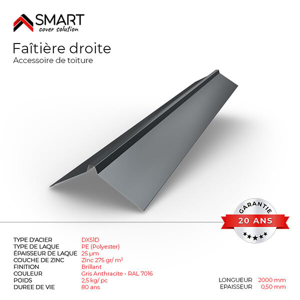 BRAVO THE SMART SOLUTION - Faîtière droite - bac acier - tôle de couverture - Toiture -  TR25 Coloris Gris Anthracite RAL 7016 L=2m, épaisseur 0.50mm - large