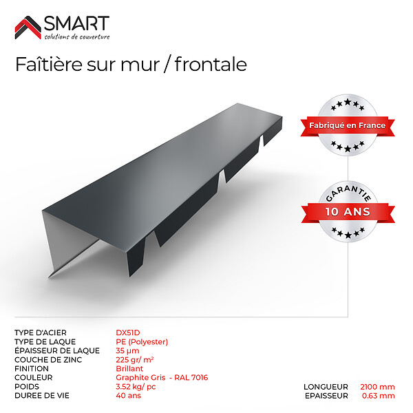 BRAVO THE SMART SOLUTION - Faitière sur mur crantée TR45 - bac acier - tôle de couverture - Toiture -  Coloris Gris Anthracite RAL 7016 L=2.10m, épaisseur 0.63mm - large