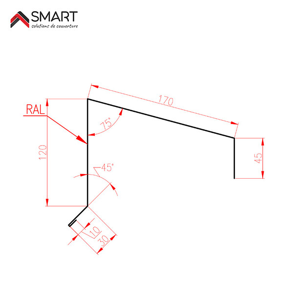 BRAVO THE SMART SOLUTION - Faitière sur mur crantée TR45 - bac acier - tôle de couverture - Toiture -  Coloris Gris Anthracite RAL 7016 L=2.10m, épaisseur 0.63mm - large