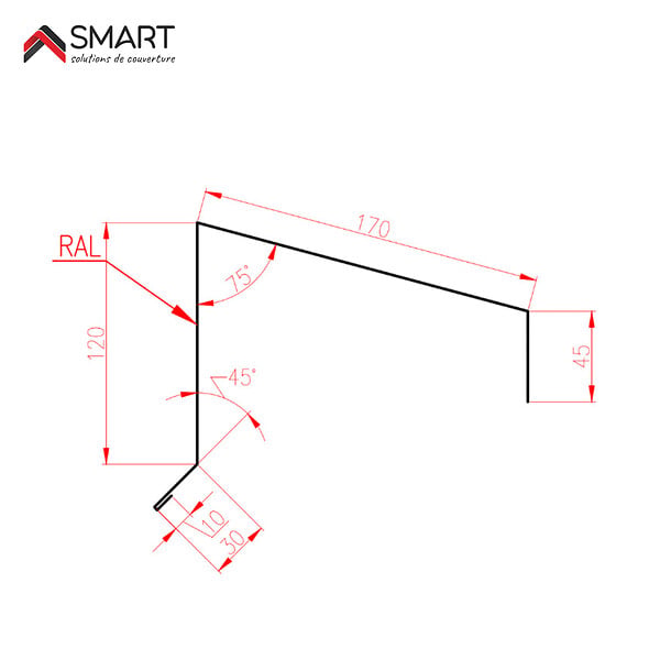 BRAVO THE SMART SOLUTION - Faitière sur mur crantée TR45 - bac acier - tôle de couverture - Toiture -  Coloris Gris Bleu RAL 5008 L=2.10m, épaisseur 0.63mm - large