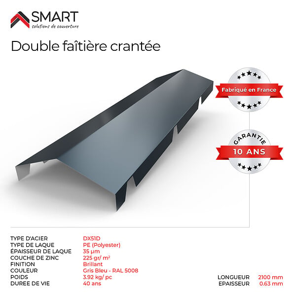 BRAVO THE SMART SOLUTION - Faitière double crantée TR45 - bac acier - tôle de couverture - Toiture -  Coloris Gris Bleu RAL 5008 L=2.10m, épaisseur 0.63mm - large