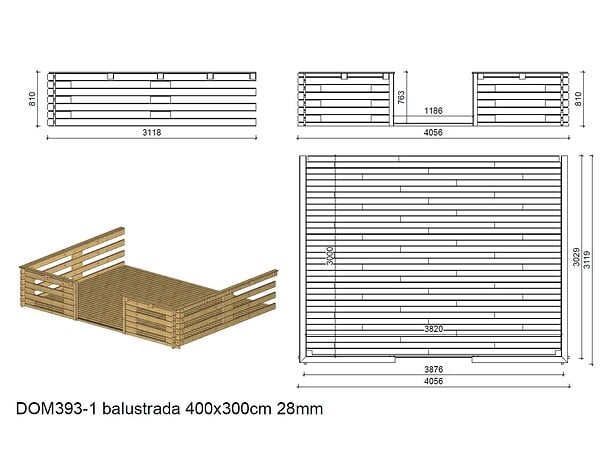 ALTANKA - Terrasse en bois avec balustrade pour abri en bois - 12m2 - 4m x 3m - imprégnée - couleur: marron - DOM542 - large