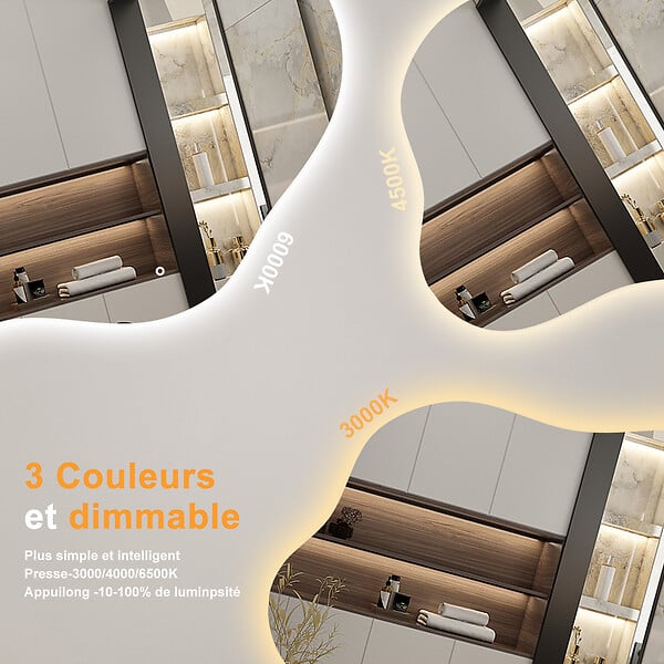 AICA SANITAIRE - AICA Miroir salle de bain asymétrique 80 x 55 cm LED Éclairage réglable en 3 couleurs + anti-buée + fonction mémoire - large