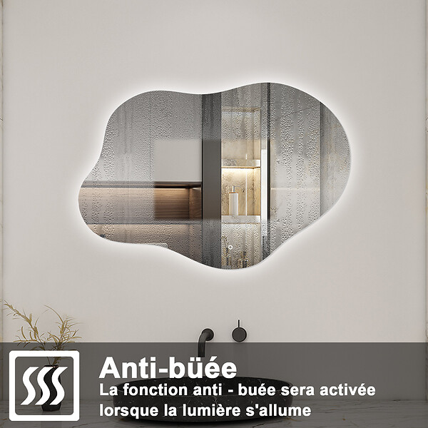 AICA SANITAIRE - AICA Miroir salle de bain asymétrique 80 x 55 cm LED Éclairage réglable en 3 couleurs + anti-buée + fonction mémoire - large