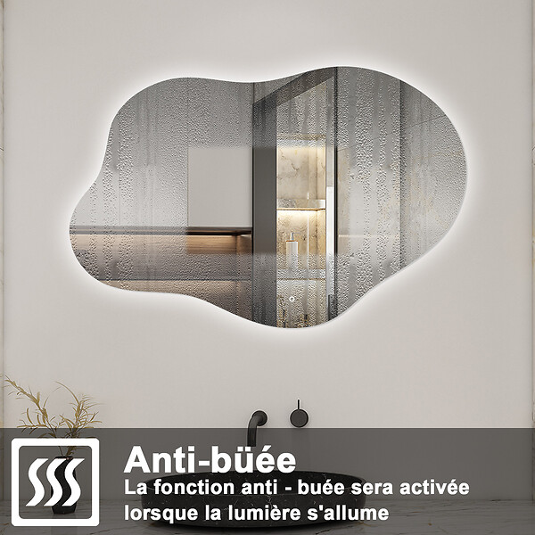 AICA SANITAIRE - AICA Miroir salle de bain asymétrique 100 x 66 cm LED Éclairage réglable en 3 couleurs + anti-buée + fonction mémoire - large