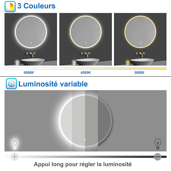 AICA SANITAIRE - AICA Miroir de salle de bain rond 100x100cm LED tricolore anti-buée + mémoire + dimmable - large