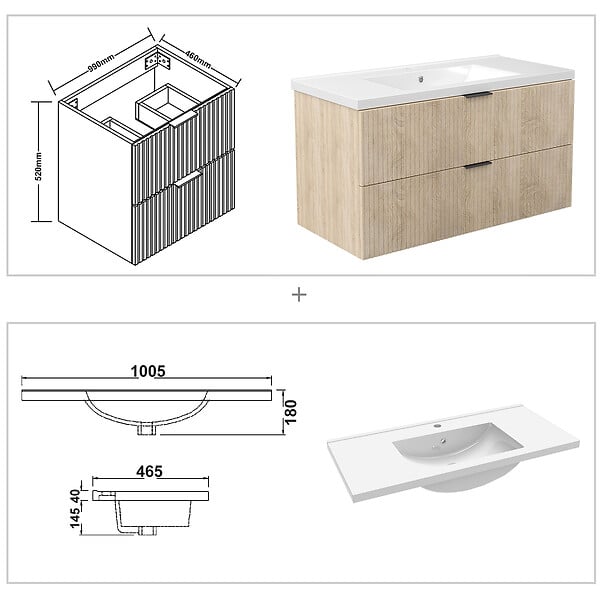 AICA SANITAIRE - AICA Meuble de salle de bain mural 100 cm Chêne - 2 tiroirs + Lavabo Céramique - large