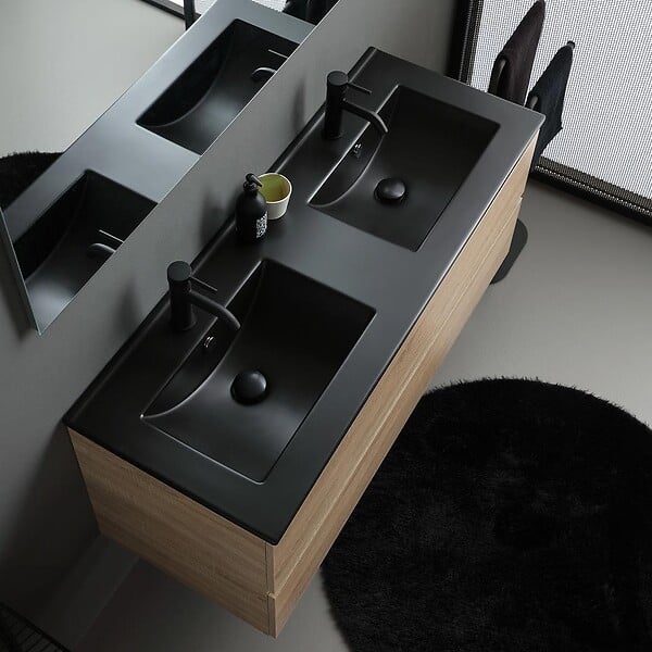 KIAMAMI VALENTINA - Meuble Salle De Bains Suspendu 120Cm Chêne Avec Lavabo Noir, Miroir Et Lampe | Berlin - large