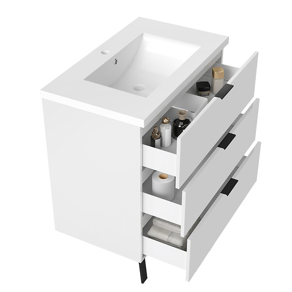 AICA SANITAIRE - AICA Meuble de salle de bain mural avec pieds Blanc 80 cm - 3 tiroirs, lavabo inclus - large