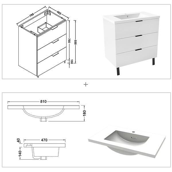 AICA SANITAIRE - AICA Meuble de salle de bain mural avec pieds Blanc 80 cm - 3 tiroirs, lavabo inclus - large