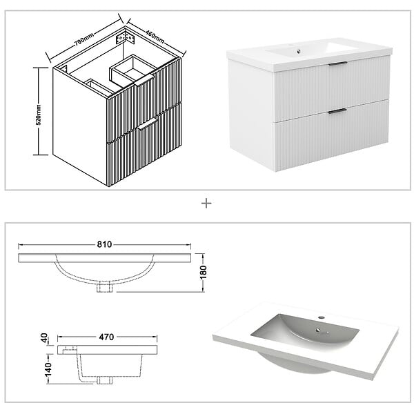 AICA SANITAIRE - AICA Meuble de salle de bain mural Blanc 80 cm - 2 tiroirs, lavabo inclus - large