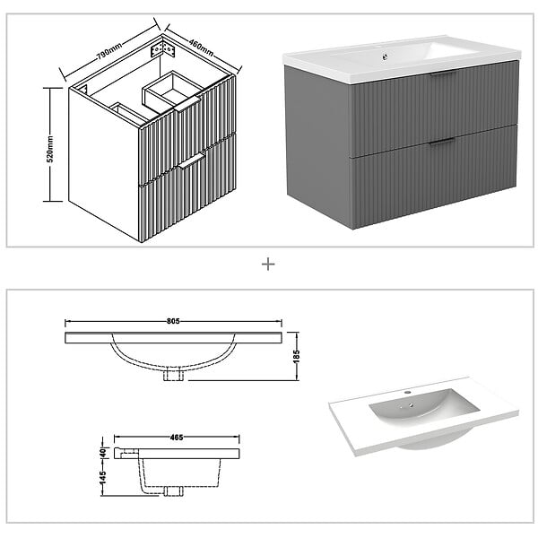 AICA SANITAIRE - AICA Meuble de salle de bain mural 80 cm Anthracite - 2 tiroirs + Lavabo Céramique - large