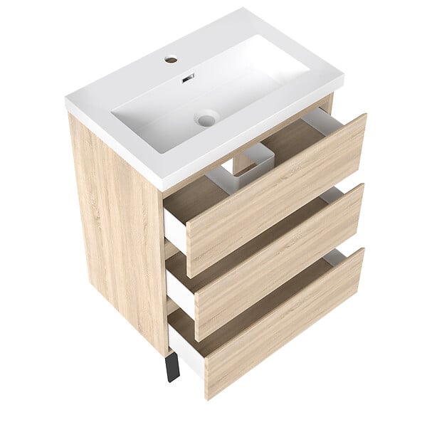 AICA SANITAIRE - Meuble de salle de bain suspendu 60 cm, 3 tiroirs, MDF chêne, avec vasque – pieds inclus - large