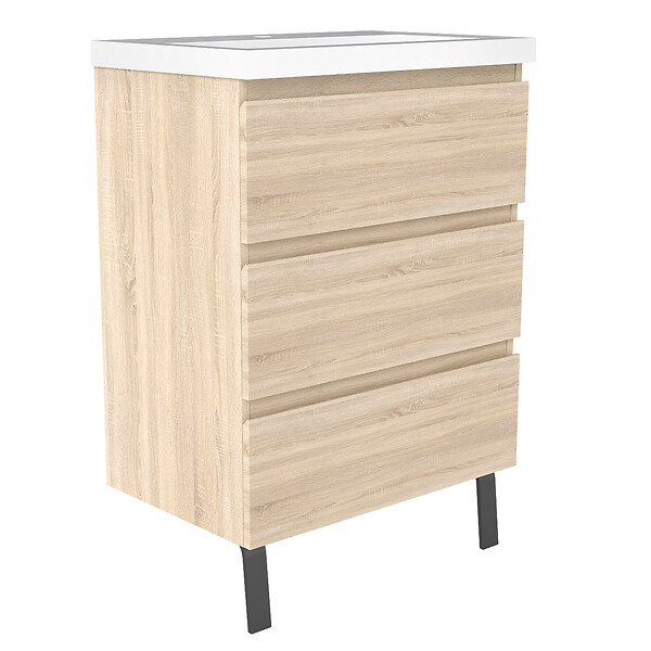 AICA SANITAIRE - Meuble de salle de bain suspendu 60 cm, 3 tiroirs, MDF chêne, avec vasque – pieds inclus - large