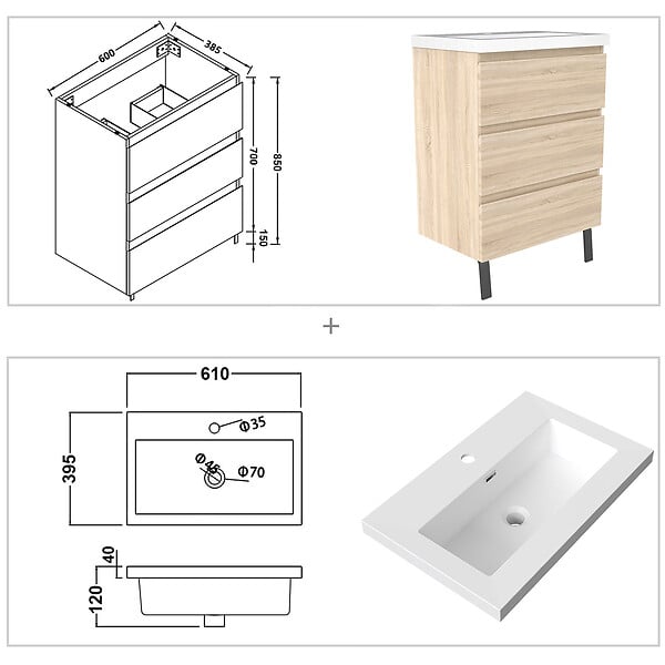 AICA SANITAIRE - Meuble de salle de bain suspendu 60 cm, 3 tiroirs, MDF chêne, avec vasque – pieds inclus - large