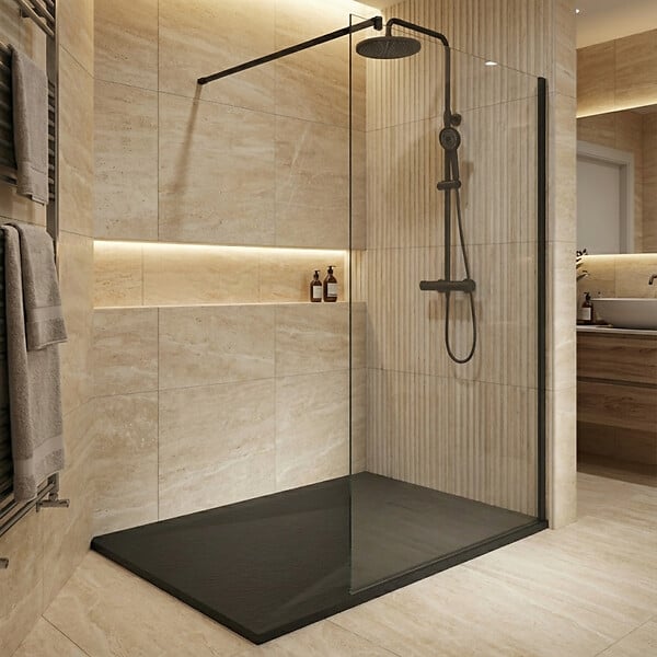 CERAMIA - Ceramia Essential 140x80 cm receveur de douche rectangulaire à poser SMC avec surface effet pierre, noir (CERAES14080B) - large