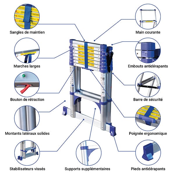 HOSTRÃ–M - Escabeau 9 marches telescopique EXTENDACT9, Echelle telescopique 2,6m+2,3m, escabeau pliable télescopique, H max travail 4,1m, Garantie 5 ans, Hostrom - large