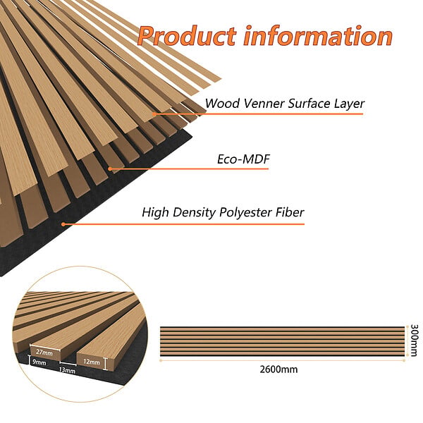 AICA SANITAIRE - Lot de 2 Panneaux Muraux Décoratifs Acoustiques Bois MDF 260x30cm Chêne foncé  AntiBruit, Facile à Poser - large