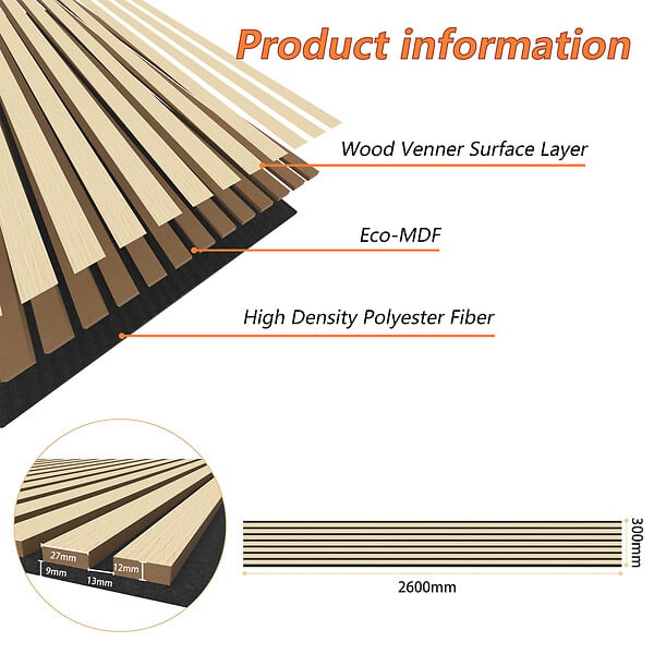 AICA SANITAIRE - Lot de 2 Panneaux Muraux Décoratifs Acoustiques Bois MDF 260x30cm Chêne noi  AntiBruit, Facile à Poser - large
