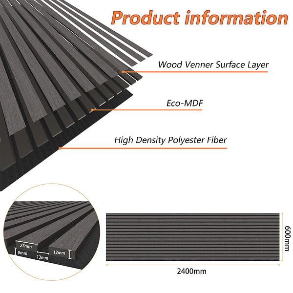 AICA SANITAIRE - Lot de 3 Panneaux Muraux Décoratifs Acoustiques Bois MDF 240x60cm Chêne noir  AntiBruit, Facile à Poser - large