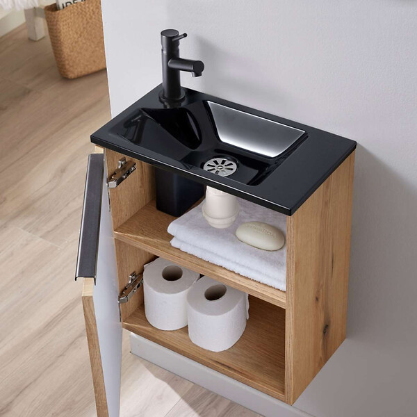 GODART - Pack lave-mains Strié Bois et poignée noire avec lave-mains extra fin noir - Robinet Eau froide à gauche -L.42.5 X H.48.6cm - large