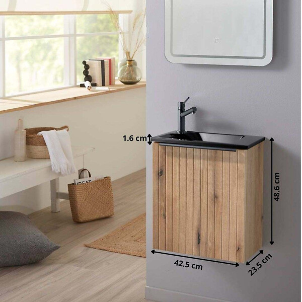 GODART - Pack lave-mains Strié Bois et poignée noire avec lave-mains extra fin noir - Robinet Eau froide à gauche -L.42.5 X H.48.6cm - large