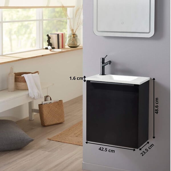 GODART - Pack lave-mains noir mat suspendu - Vasque blanche, robinet eau froide à gauche - L.42.5 X H.48.6cm - large