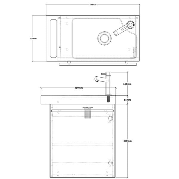 GODART - Pack lave-mains Meuble Noir mat avec Poignée noire et porte serviette - robinetterie eau froide à droite - L.48 X H.52.5 cm - large