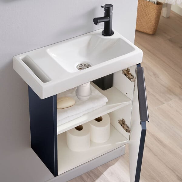 GODART - Pack lave-mains Meuble Noir mat avec Poignée noire et porte serviette - robinetterie eau froide à droite - L.48 X H.52.5 cm - large