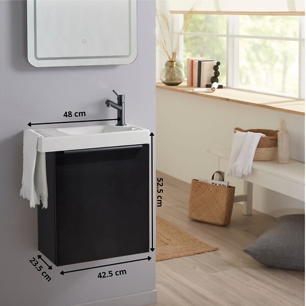 GODART - Pack lave-mains Meuble Noir mat avec Poignée noire et porte serviette - robinetterie eau froide à droite - L.48 X H.52.5 cm - large