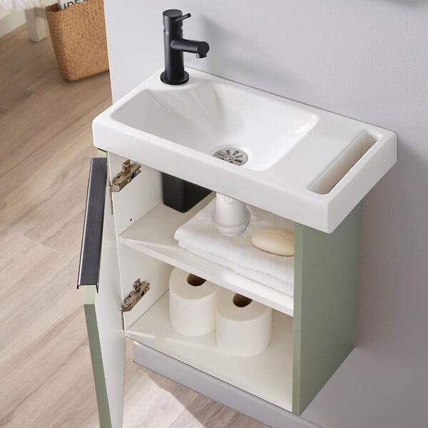 GODART - Pack lave-mains Meuble Vert avec poignée noire et porte serviette - robinet eau froide à gauche - L.48 X H. 52.5 cm - Houston - large