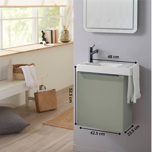 GODART - Pack lave-mains Meuble Vert avec poignée noire et porte serviette - robinet eau froide à gauche - L.48 X H. 52.5 cm - Houston - large
