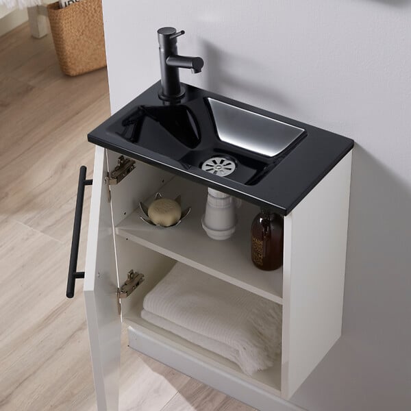 GODART - Meuble lave-mains pour wc couleur blanc finition vasque noir et robinet noir - large