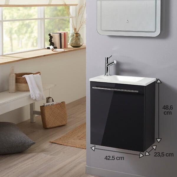 PLANETE BAIN - Meuble lave-mains pour wc gris anthracite original avec robinet eau froide - large