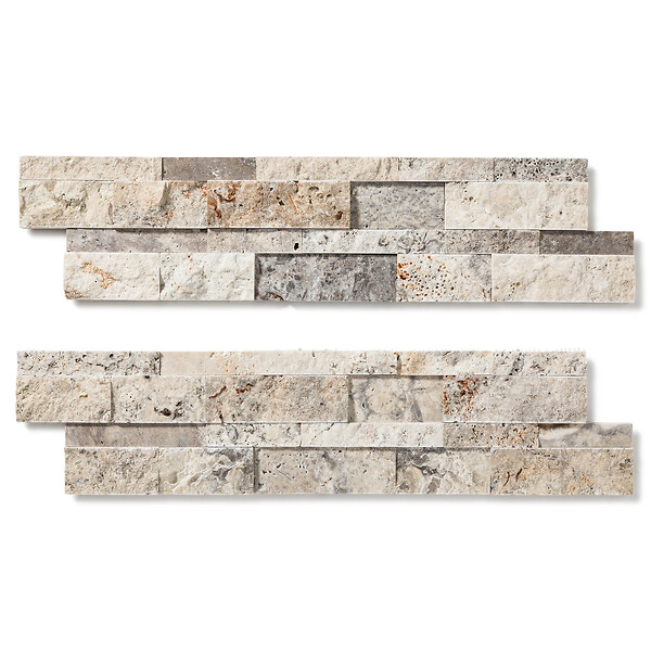 RO'MA NATURE - Pierre de parement Travertin Gris Silver 60x15 cm Brut/Adouci (lot de 0,99 m² soit 11 plaques) - large