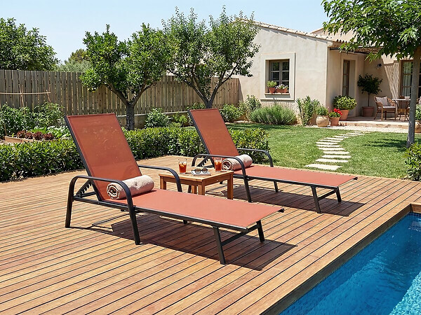 HABITAT ET JARDIN - Lot de 2 bains de soleil en métal avec accoudoirs "Farniente"- Terracotta - large
