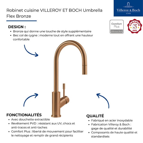 VILLEROY ET BOCH - Robinet cuisine  Umbrella flex bronze + nettoyant - large