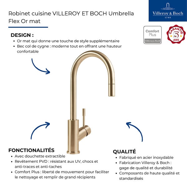 VILLEROY ET BOCH - Robinet cuisine  Umbrella flex or mat + nettoyant - large
