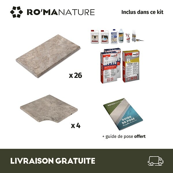 RO'MA NATURE - KIT COMPLET - Margelles pour piscine 4x4m en Travertin Gris (avec colle, joint, hydrofuge ...) - large