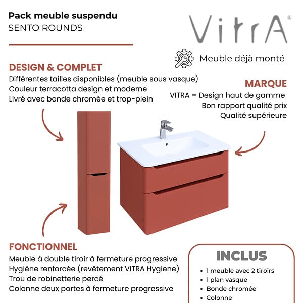 VITRA - Meuble vasque suspendu VitrA Sento Round 80cm Terracotta mat + Colonne version gauche - large
