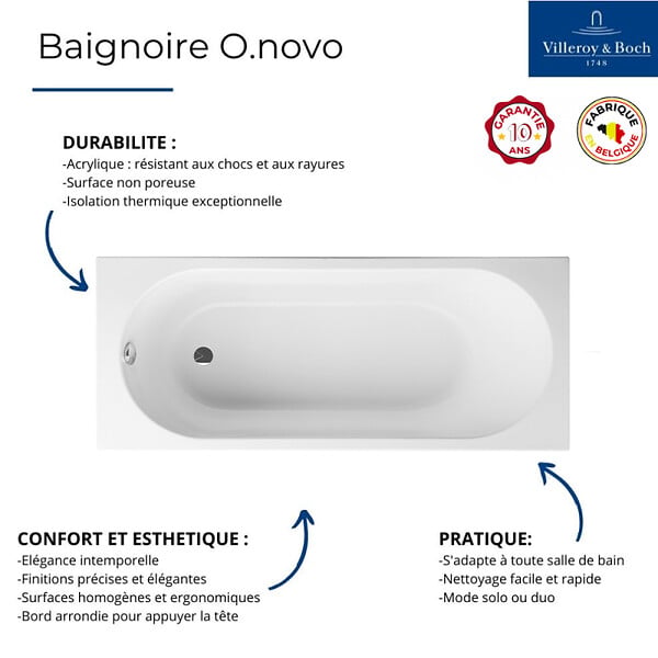 VILLEROY ET BOCH - Baignoire droite O.novo 170 x 75 cm Blanc + Pare Bain gauche AURYS Raywall noir mat - large